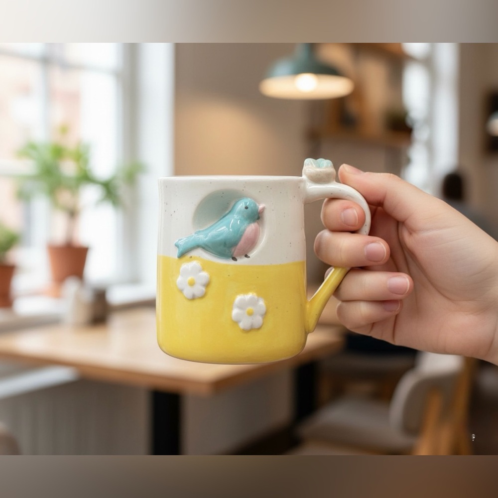 Extra Large Ceramic Bird & Daisy Coffee Mug - 24oz Oversized Tea Cup - Picture 3 of 11